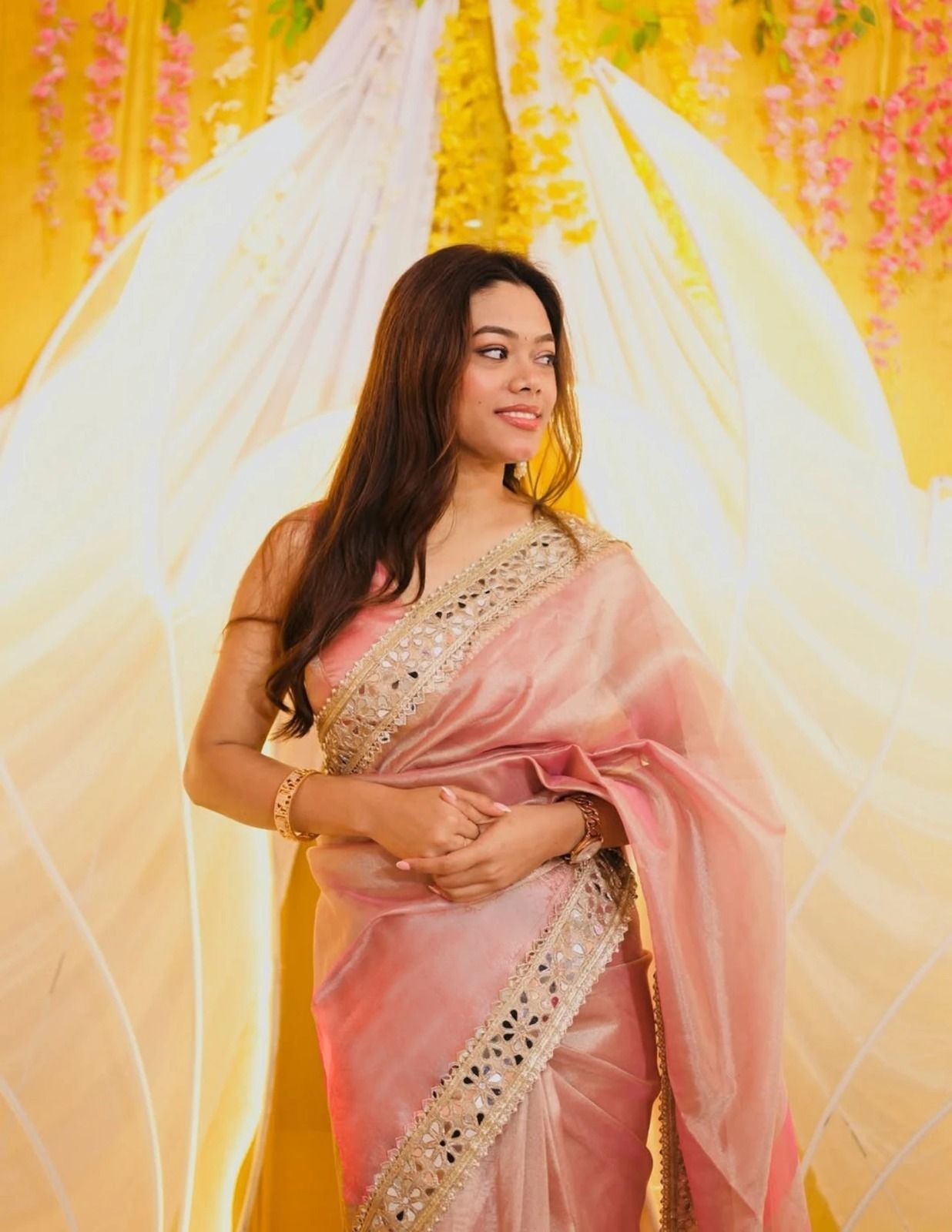 Rose Pink Net Saree with Mirror and Sequin Work, view 3