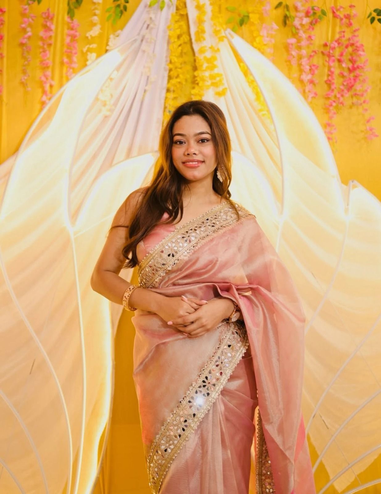 Rose Pink Net Saree with Mirror and Sequin Work, view 4