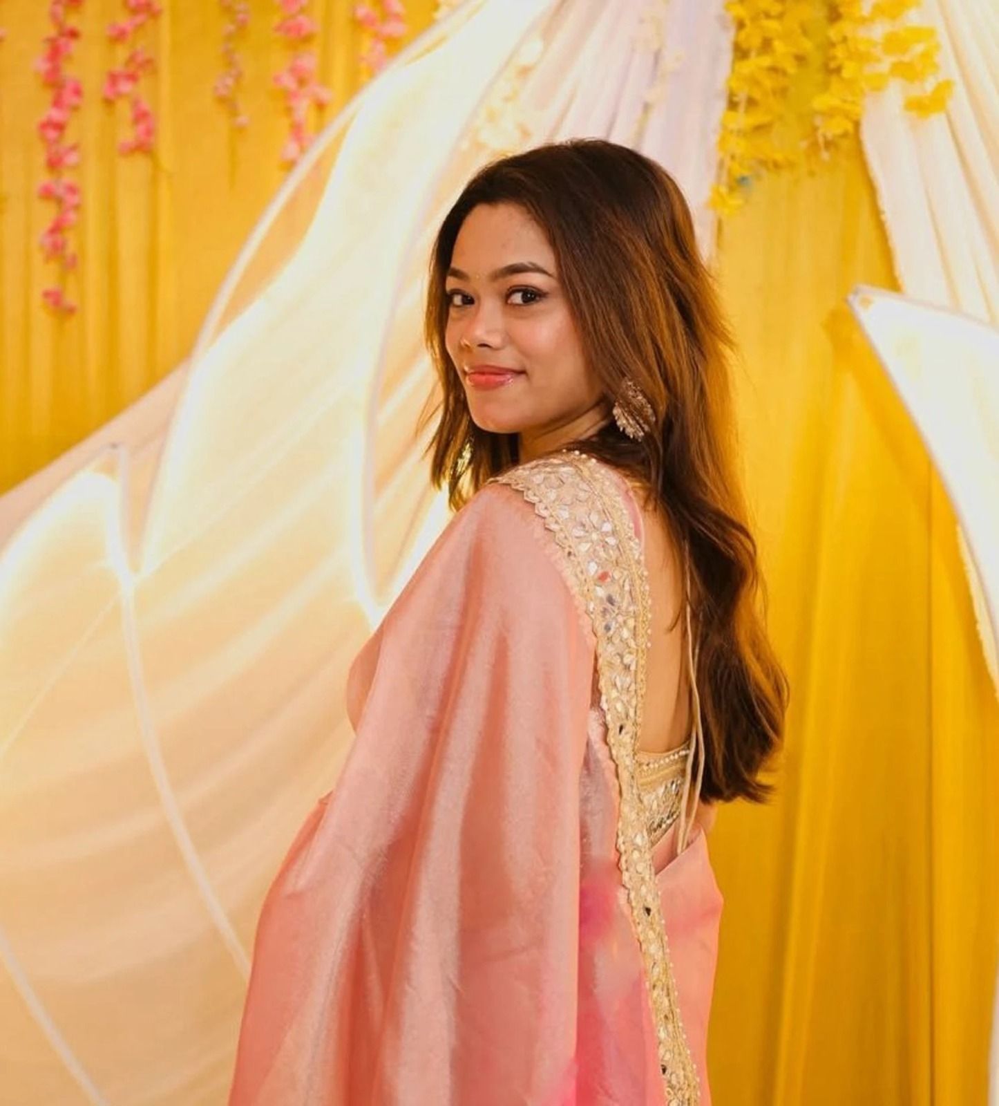 Rose Pink Net Saree with Mirror and Sequin Work, view 5