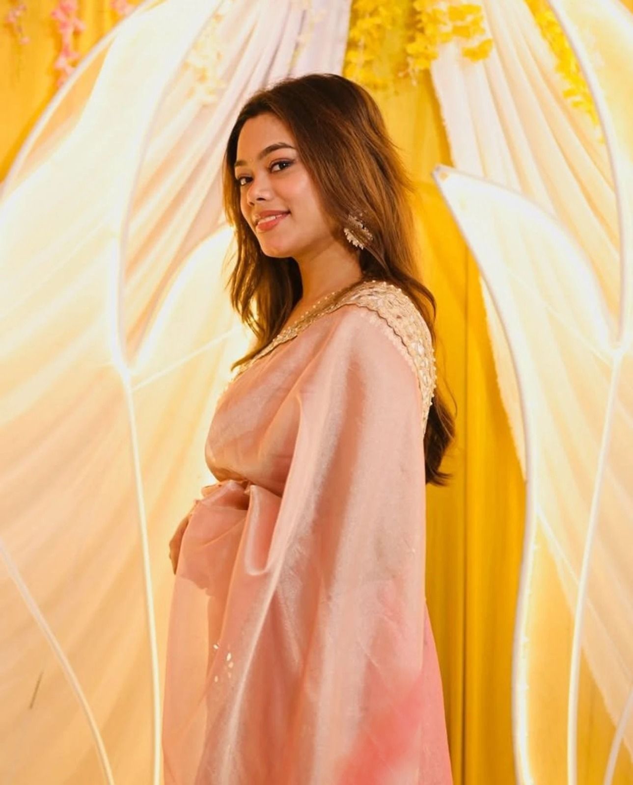 Rose Pink Net Saree with Mirror and Sequin Work, view 6
