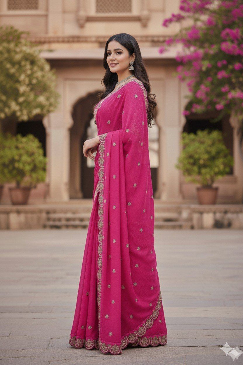 Rani Pink Georgette Saree with Mirror and Sequin Work, view 3