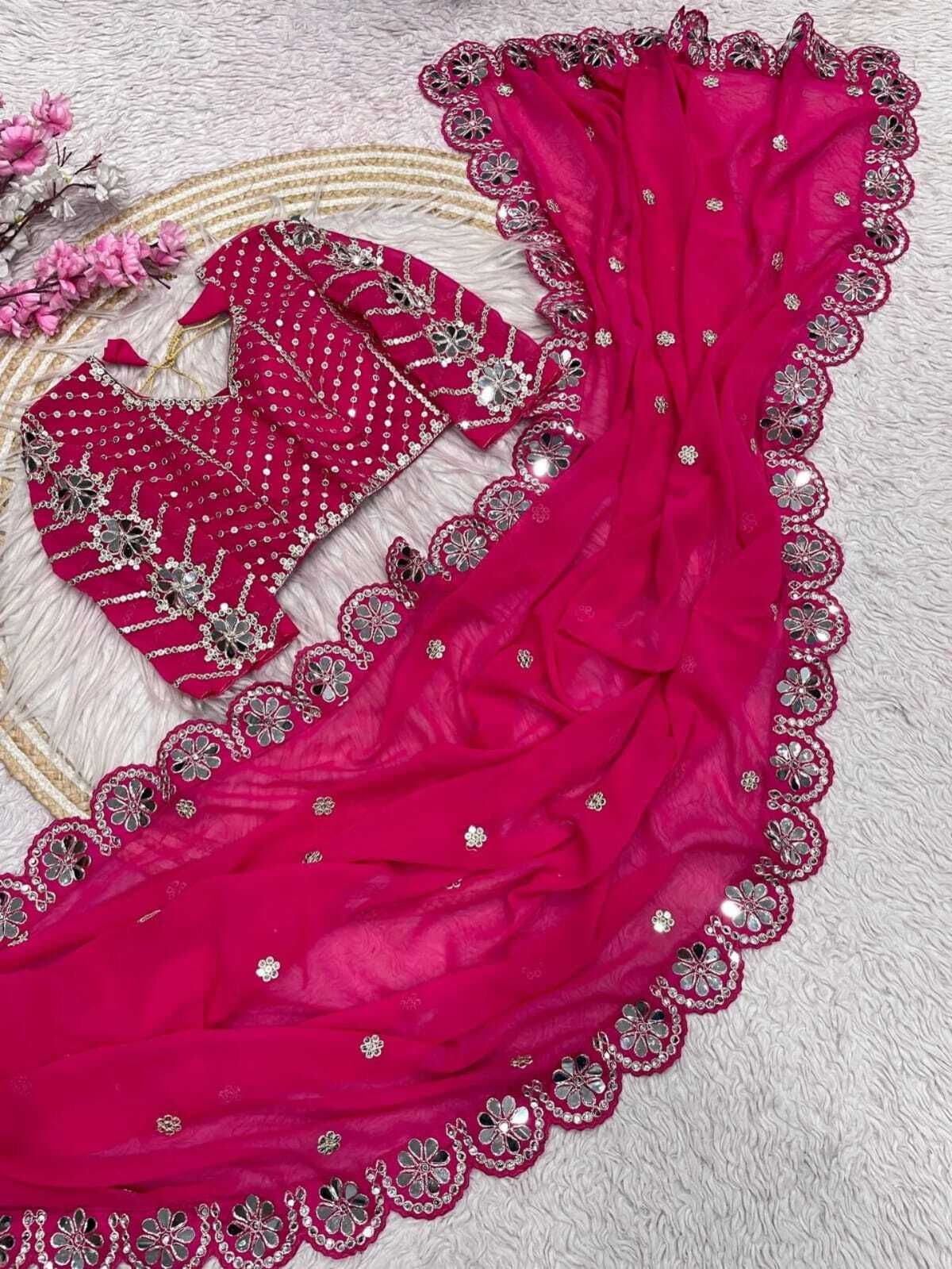 Rani Pink Georgette Saree with Mirror and Sequin Work, view 4