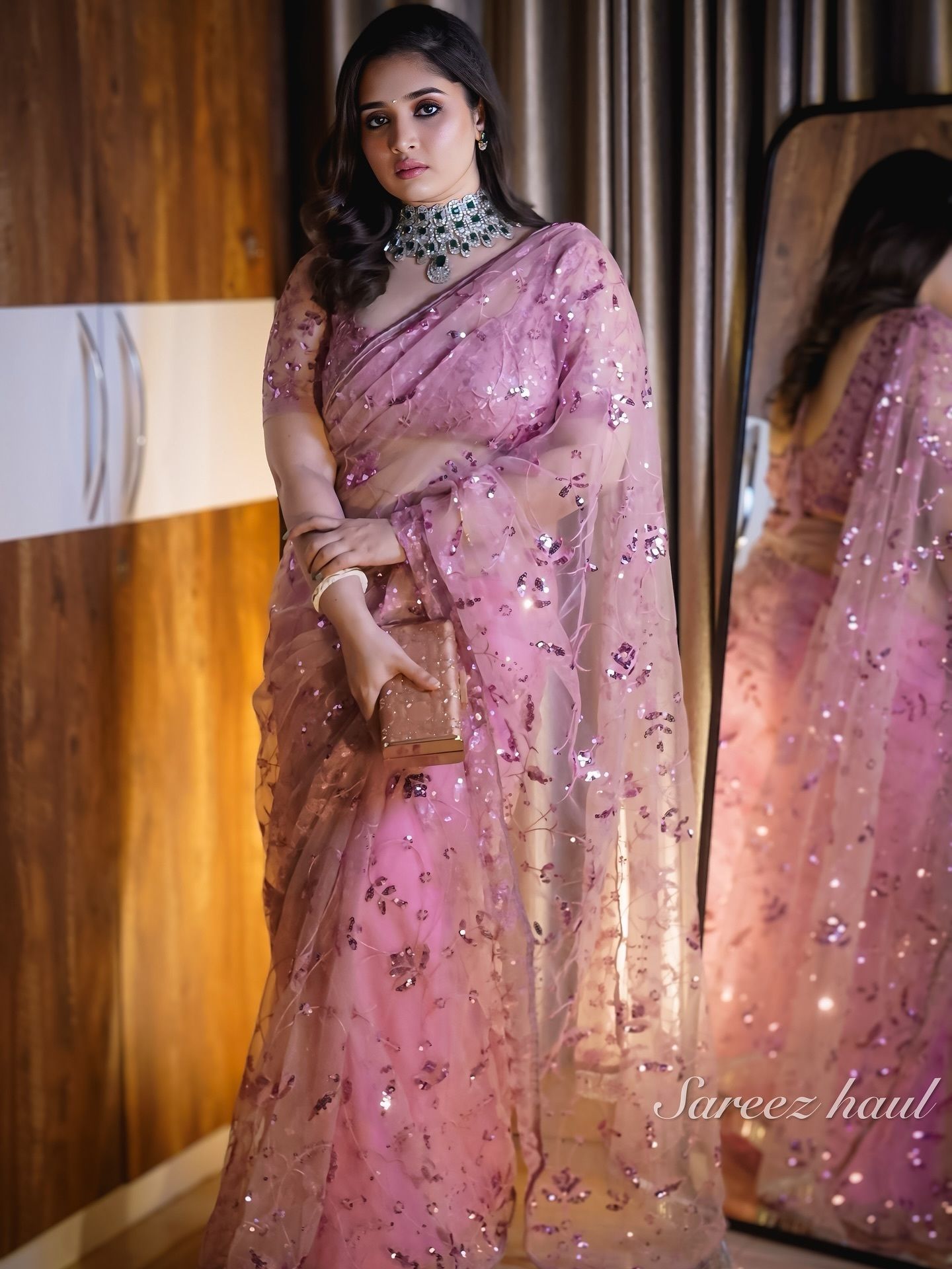 Pink Net Saree with Heavy Sequin Work, view 6