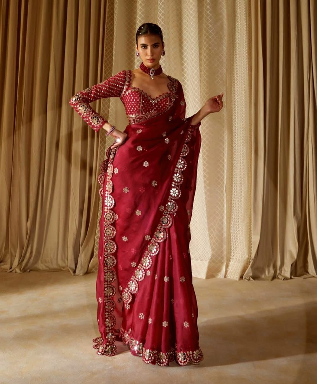 Deep Maroon Georgette Saree with Mirror and Cord Work, view 3