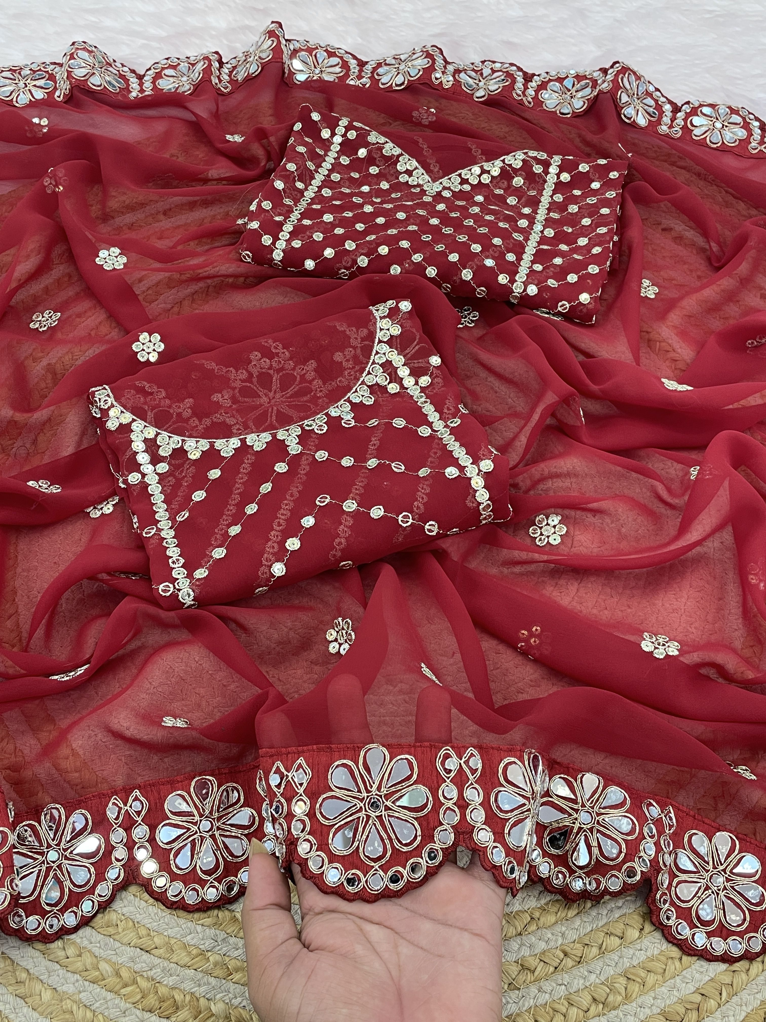Deep Maroon Georgette Saree with Mirror and Cord Work, view 4