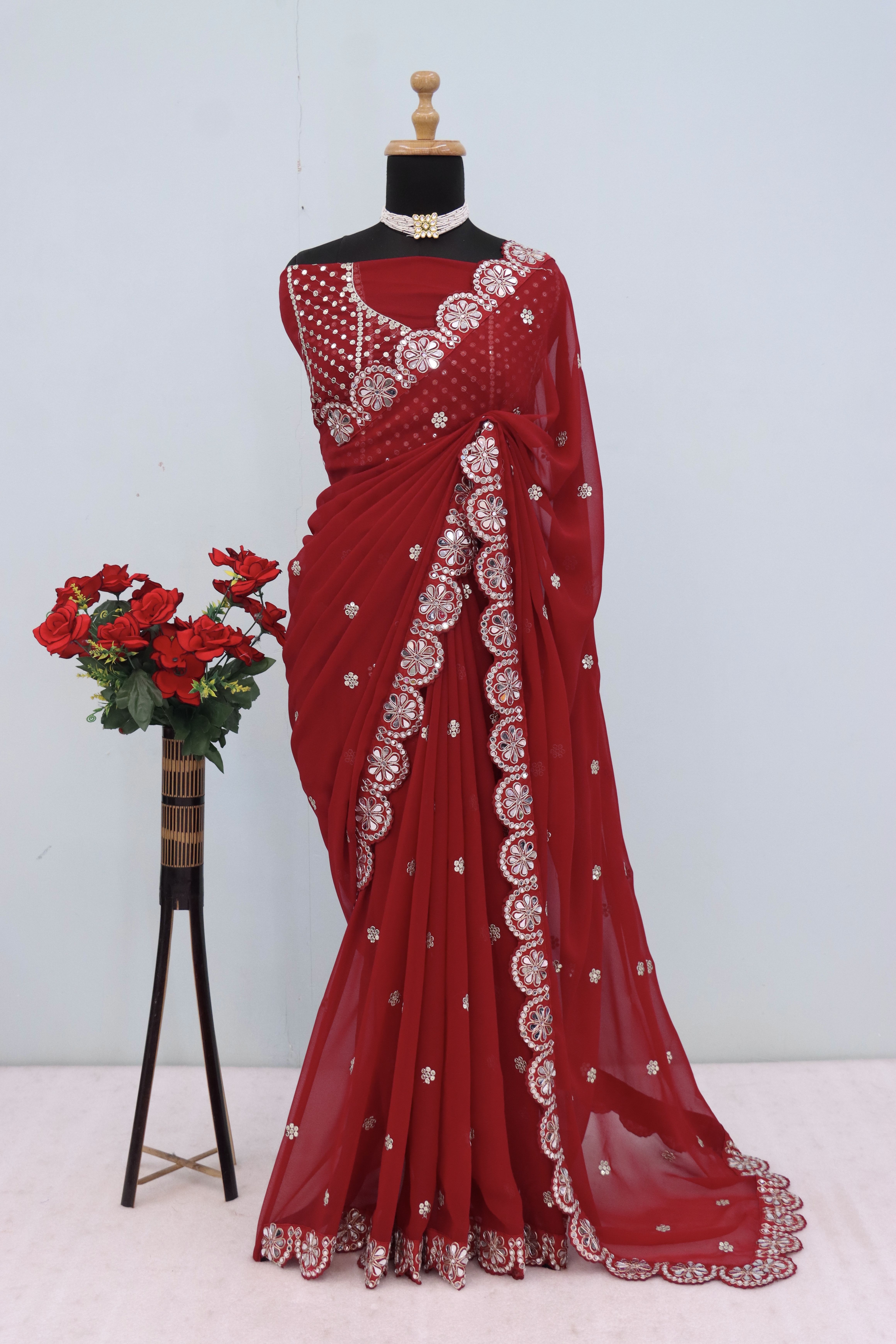 Deep Maroon Georgette Saree with Mirror and Cord Work, view 5