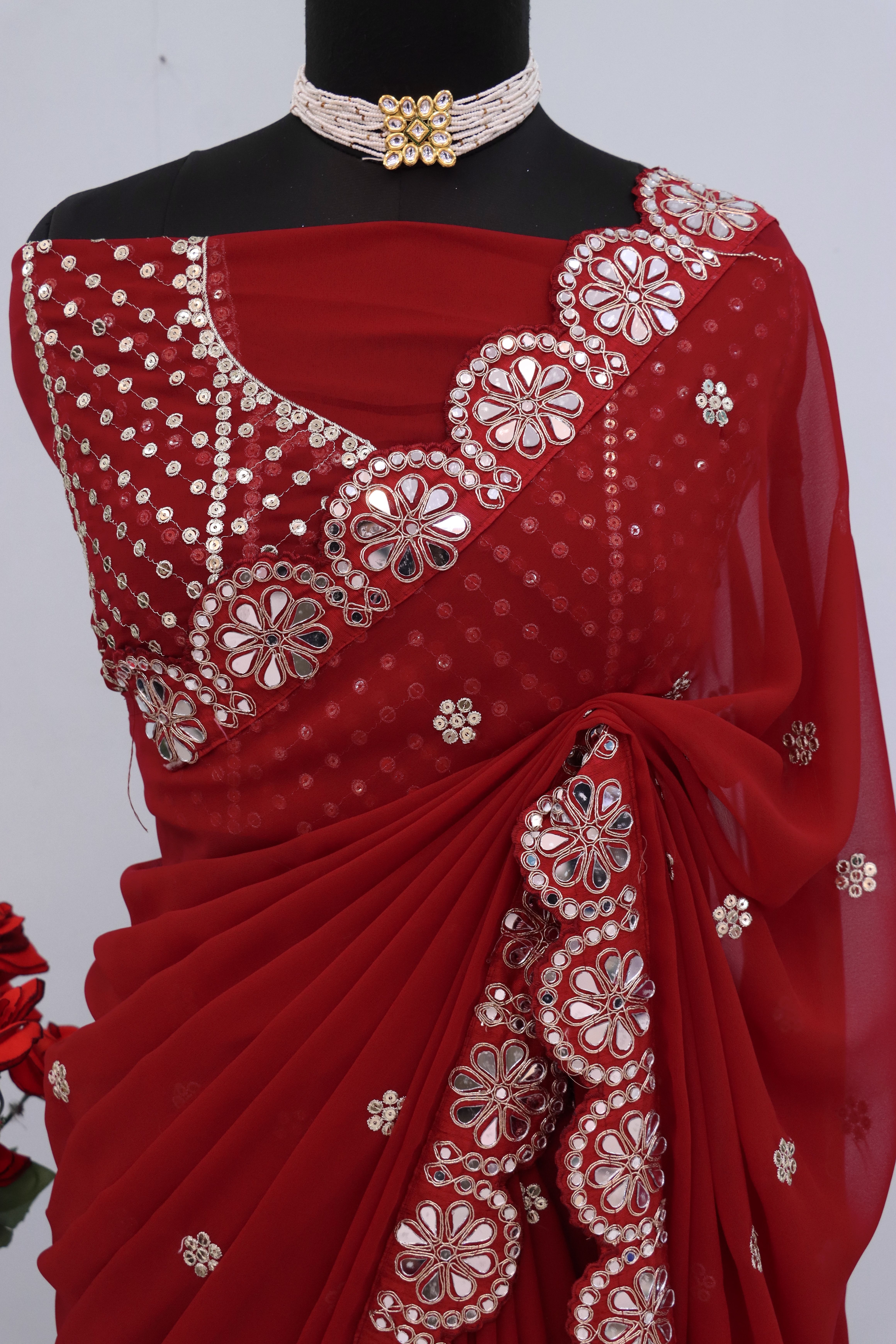 Deep Maroon Georgette Saree with Mirror and Cord Work, view 6