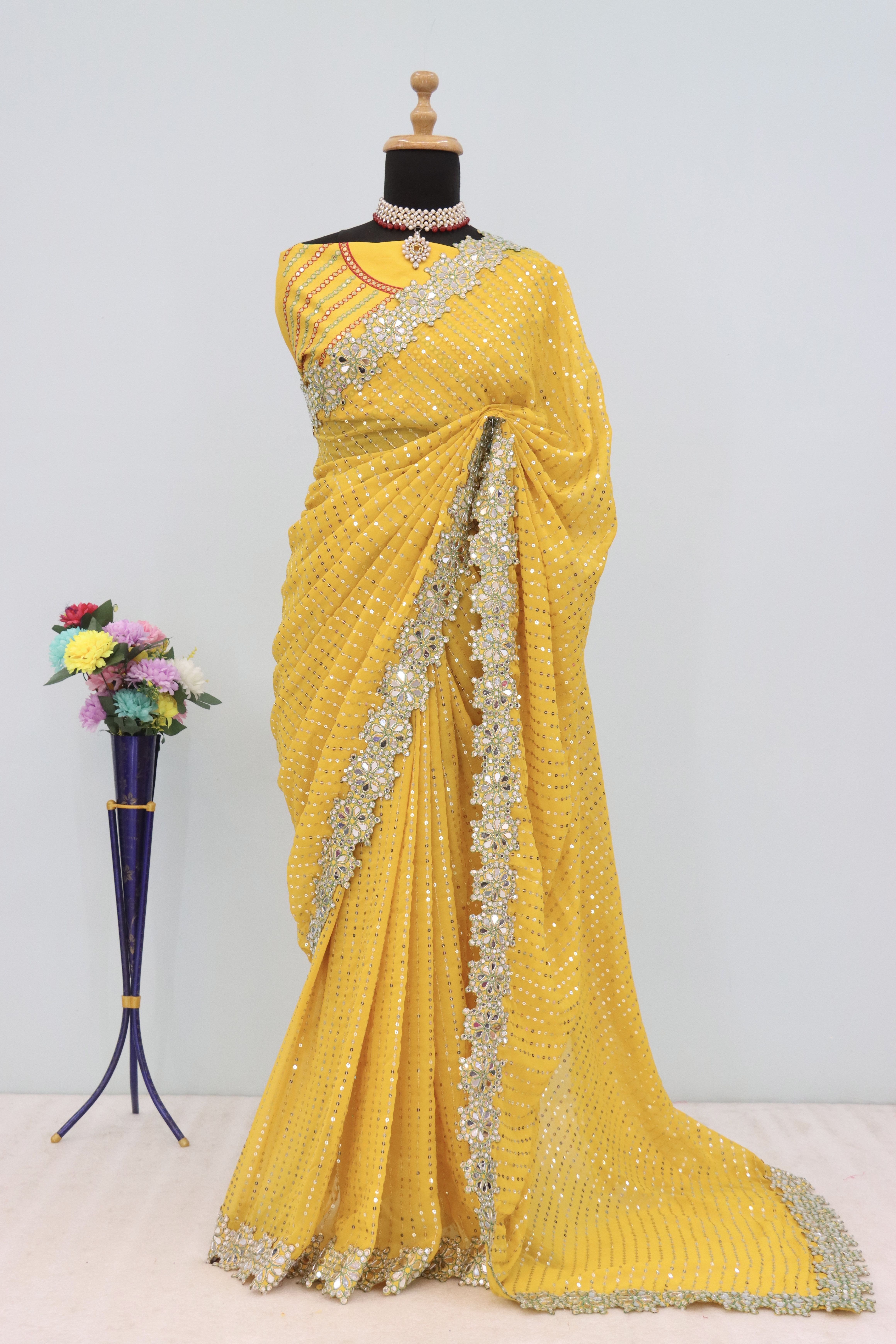 Yellow Georgette Saree with Mirror and Sequin Work, view 3