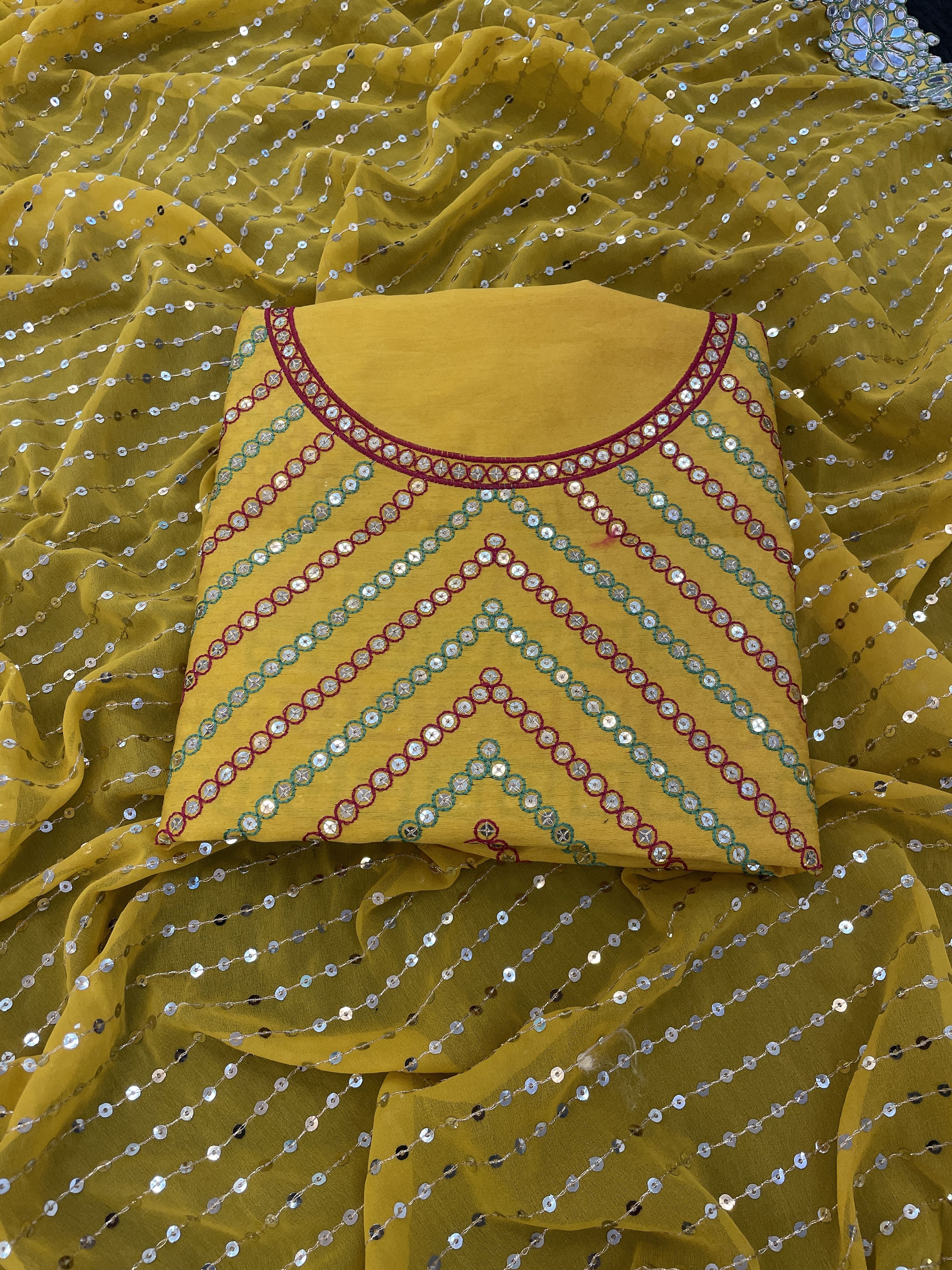 Yellow Georgette Saree with Mirror and Sequin Work, view 4