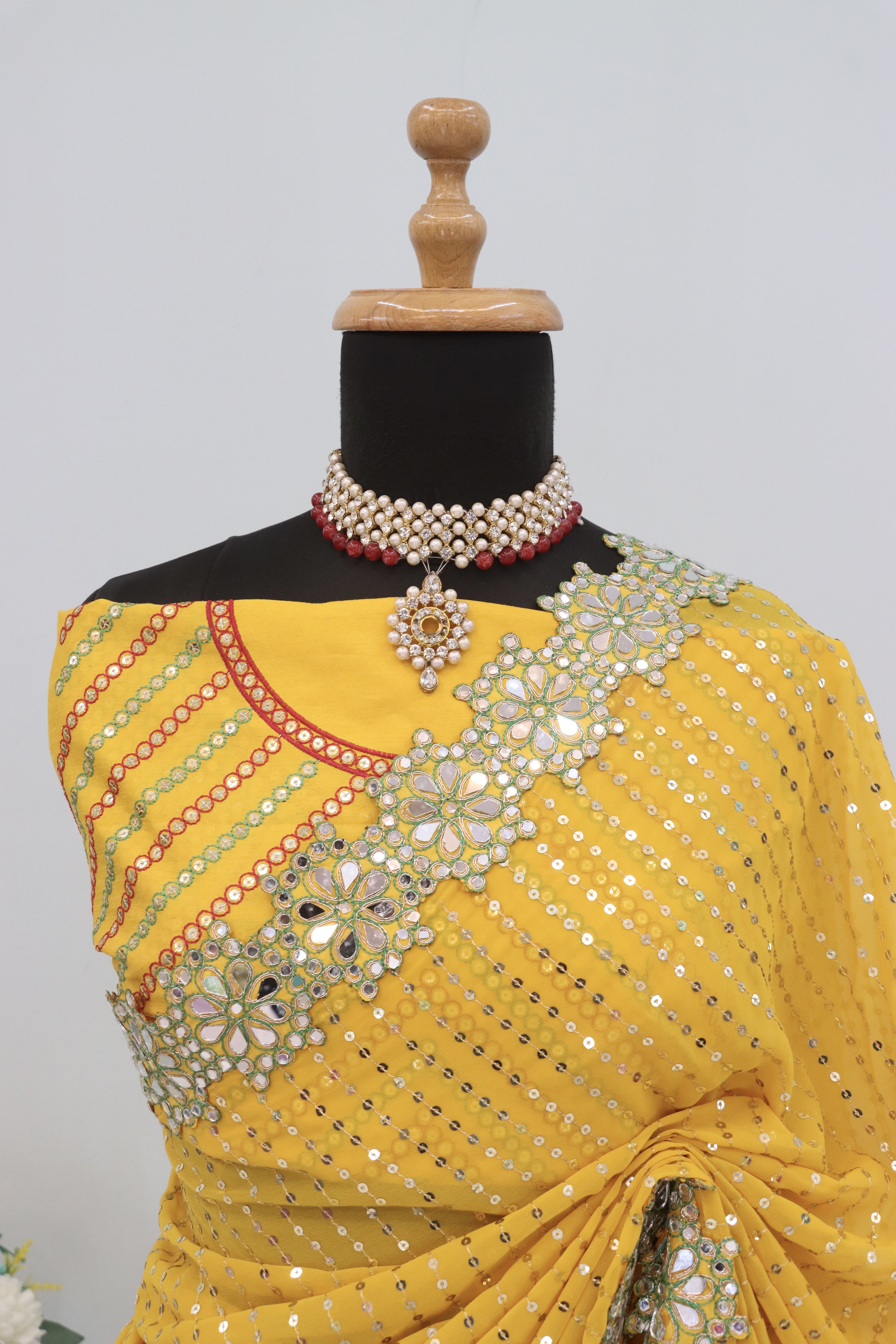 Yellow Georgette Saree with Mirror and Sequin Work, view 5