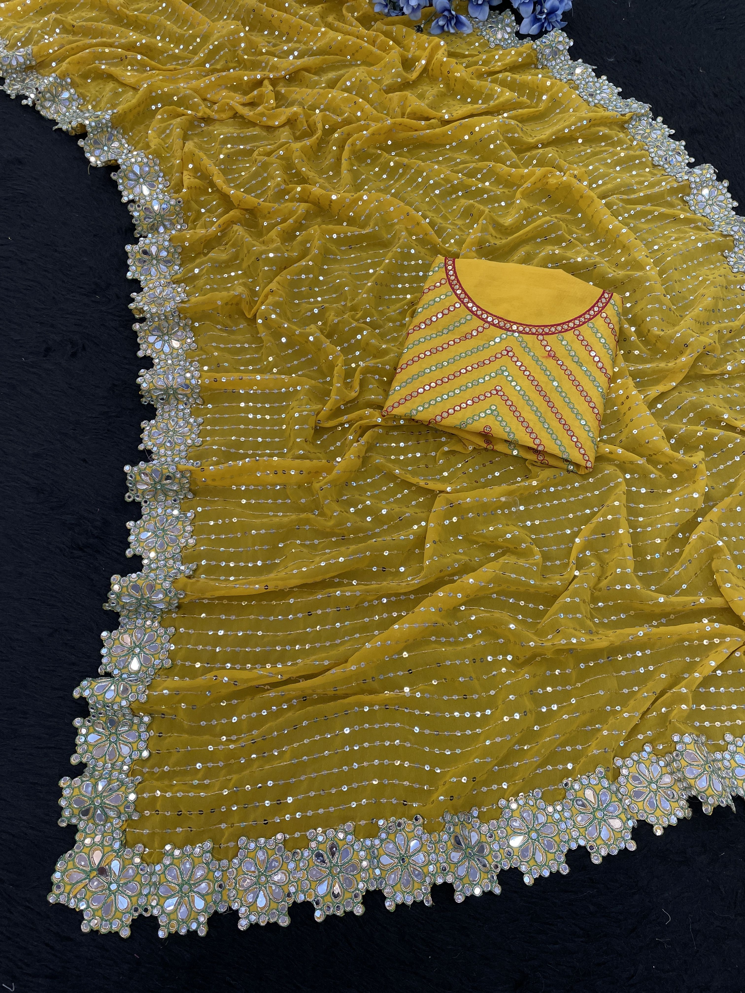 Yellow Georgette Saree with Mirror and Sequin Work, view 6