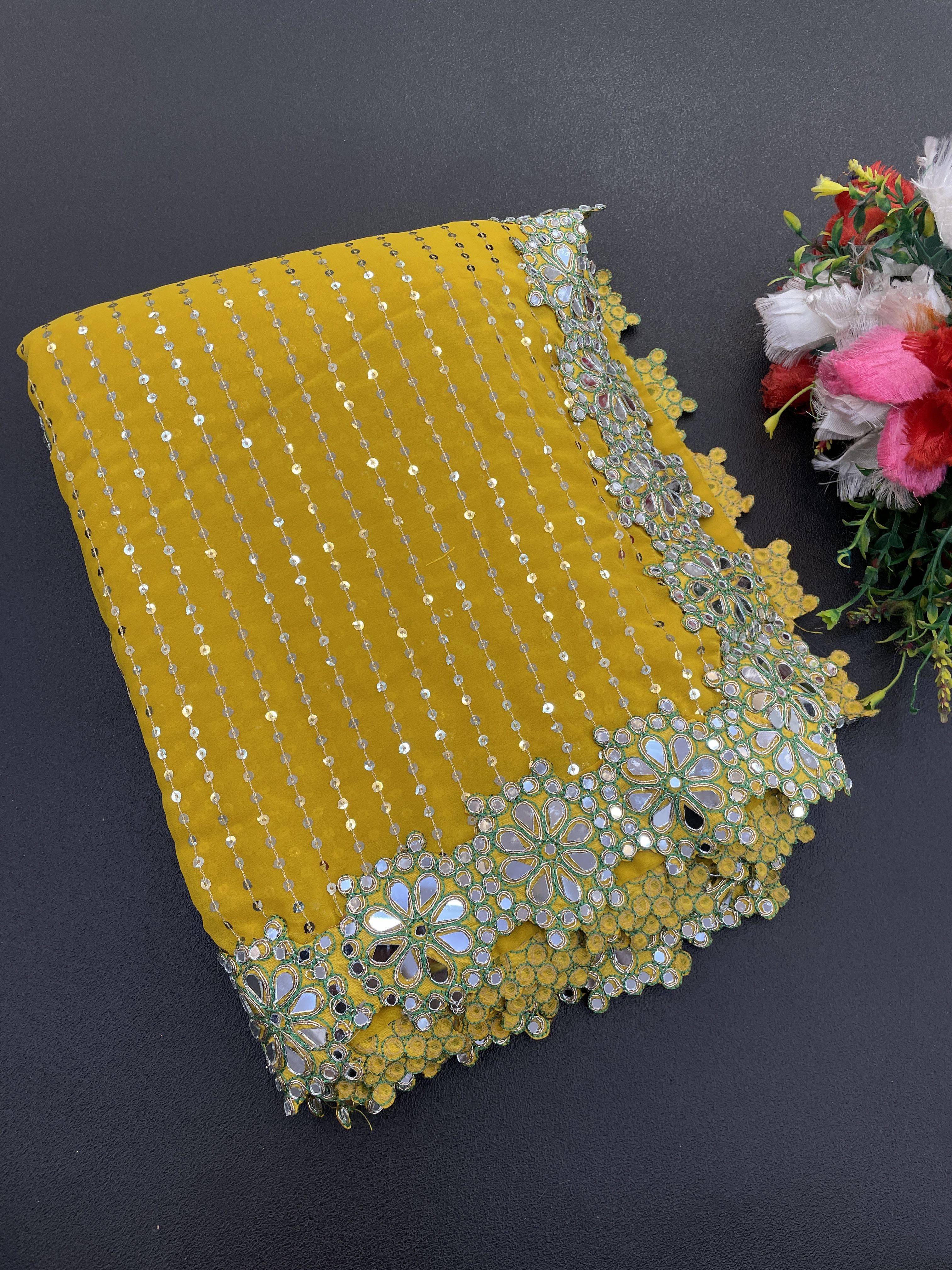 Yellow Georgette Saree with Mirror and Sequin Work, view 7
