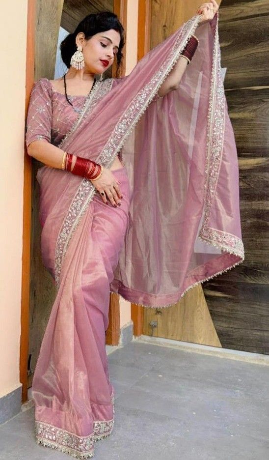 Onion Tissue Saree with Embroidered Detailing, view 3