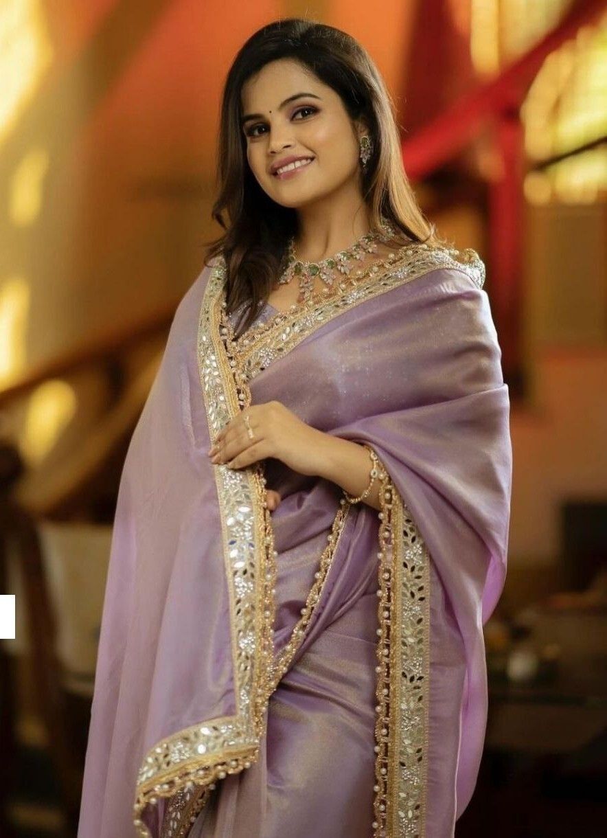Onion Tissue Saree with Embroidered Detailing, view 5