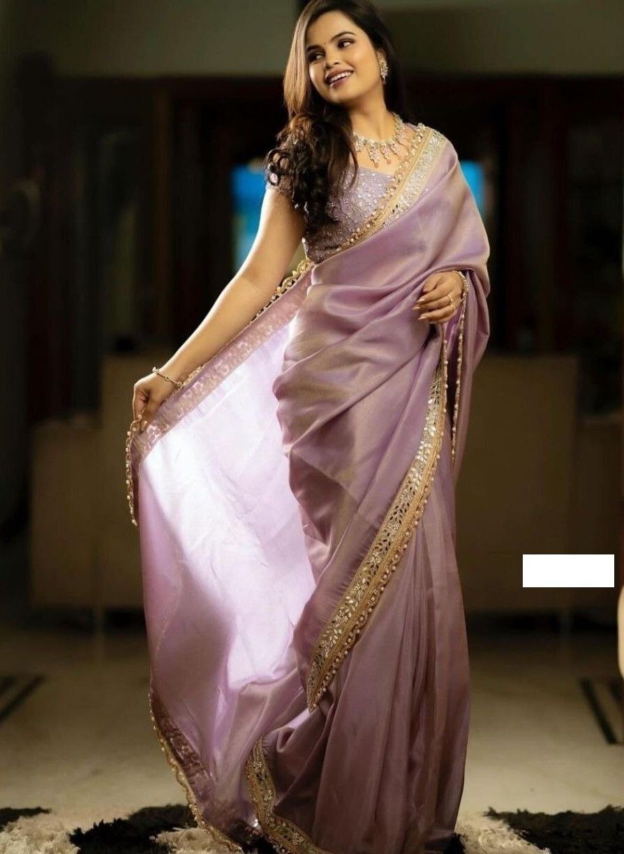 Onion Tissue Saree with Embroidered Detailing, view 6