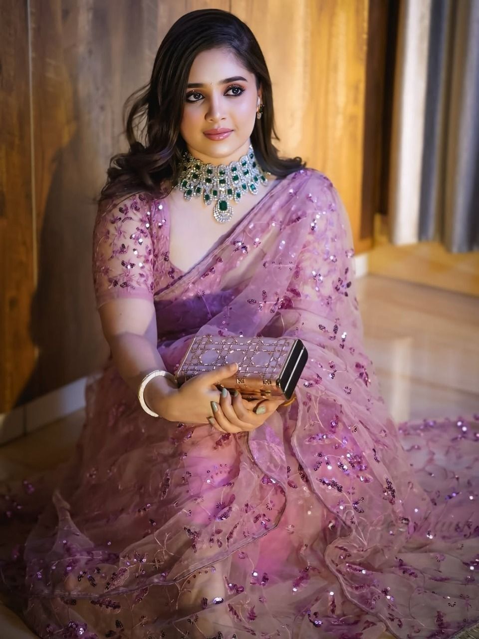 Pink Net Saree with Sequin Work