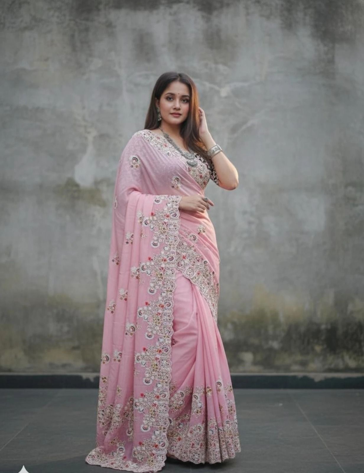 Baby Pink Silk Saree with Thread Work, view 6