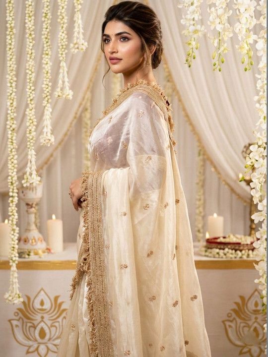 Off White Silk Saree with Booti and Zari Work, view 3