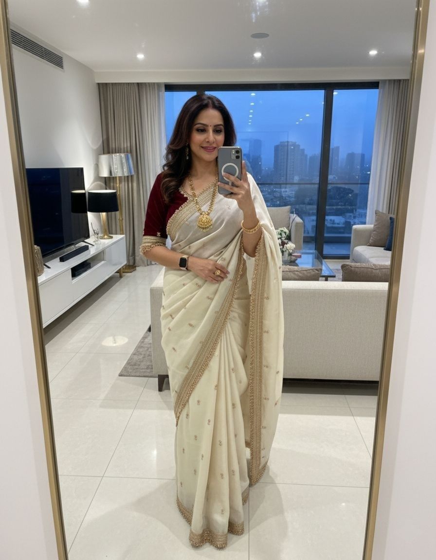 Off White Silk Saree with Booti and Zari Work, view 6