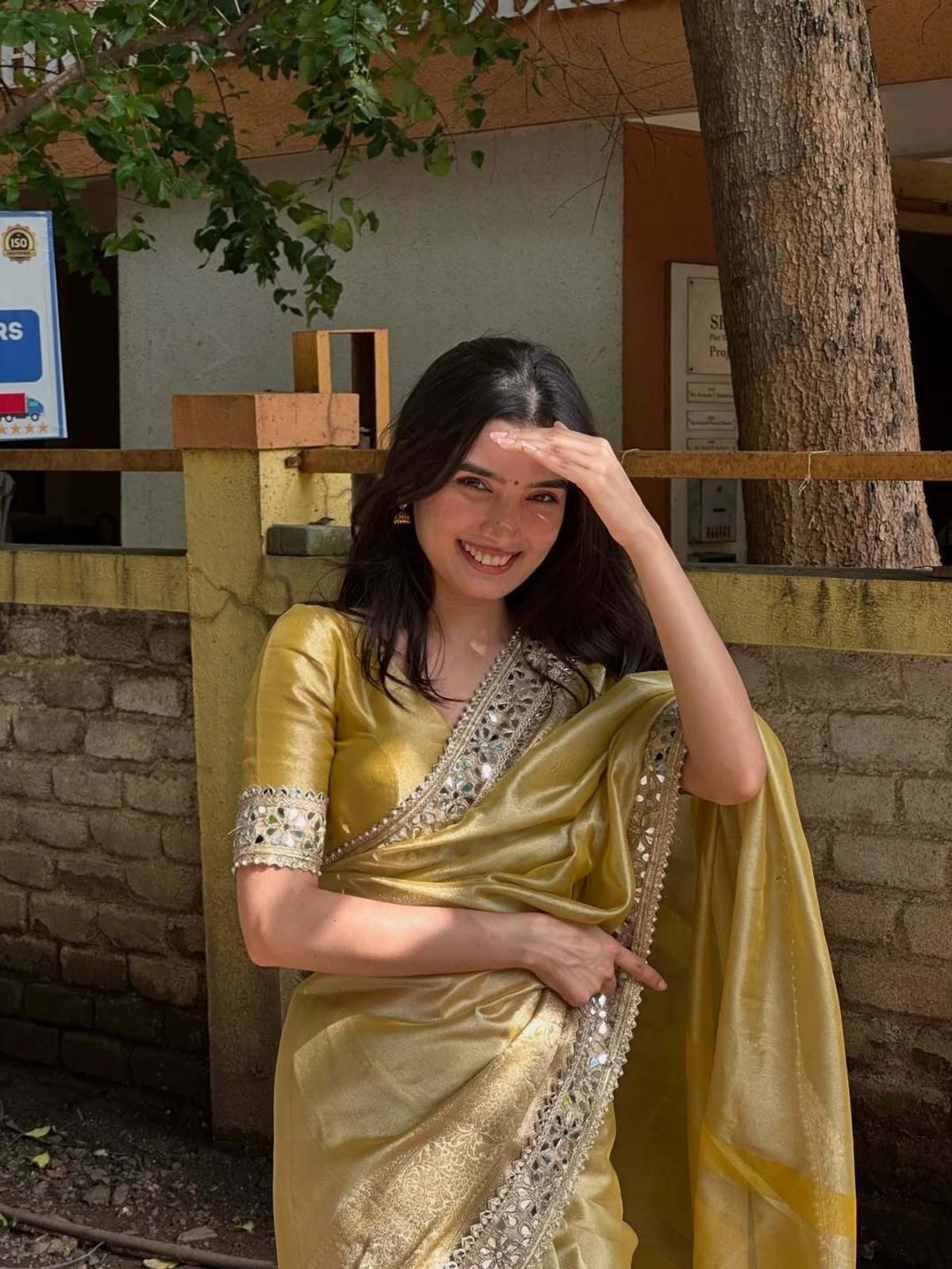 Golden Yellow Net Saree with Mirror and Zari Work, view 3