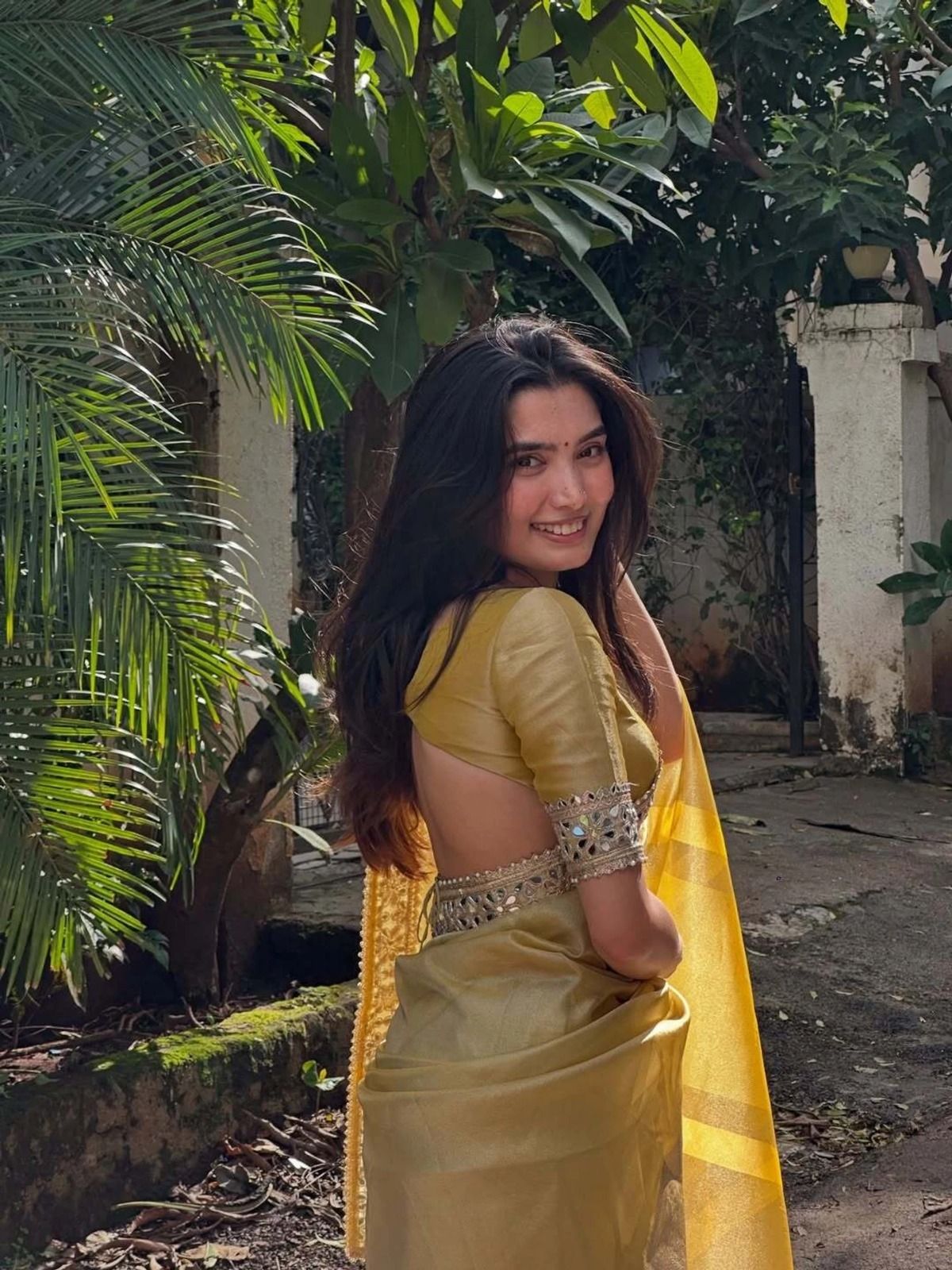Golden Yellow Net Saree with Mirror and Zari Work, view 4