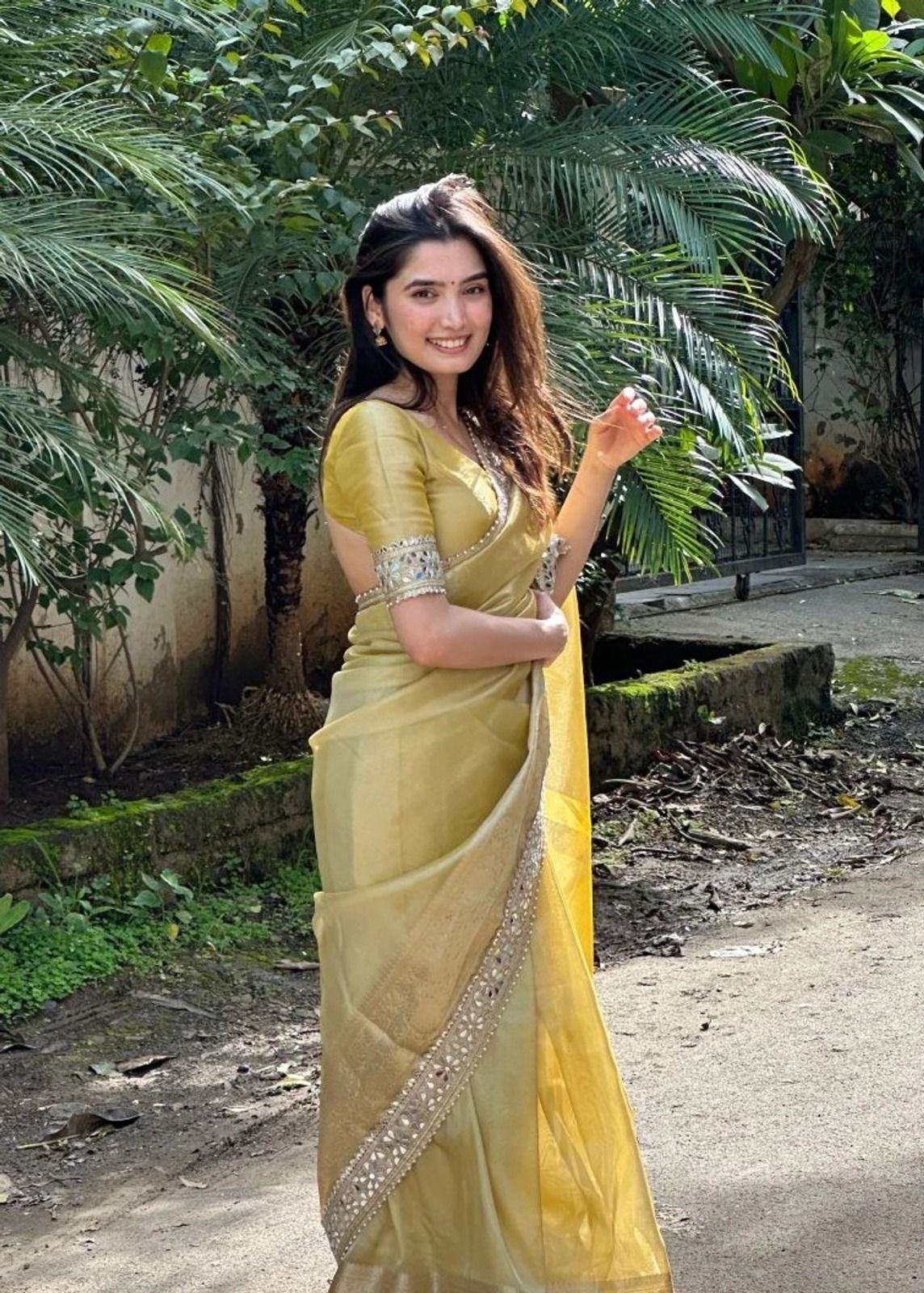 Golden Yellow Net Saree with Mirror and Zari Work, view 5
