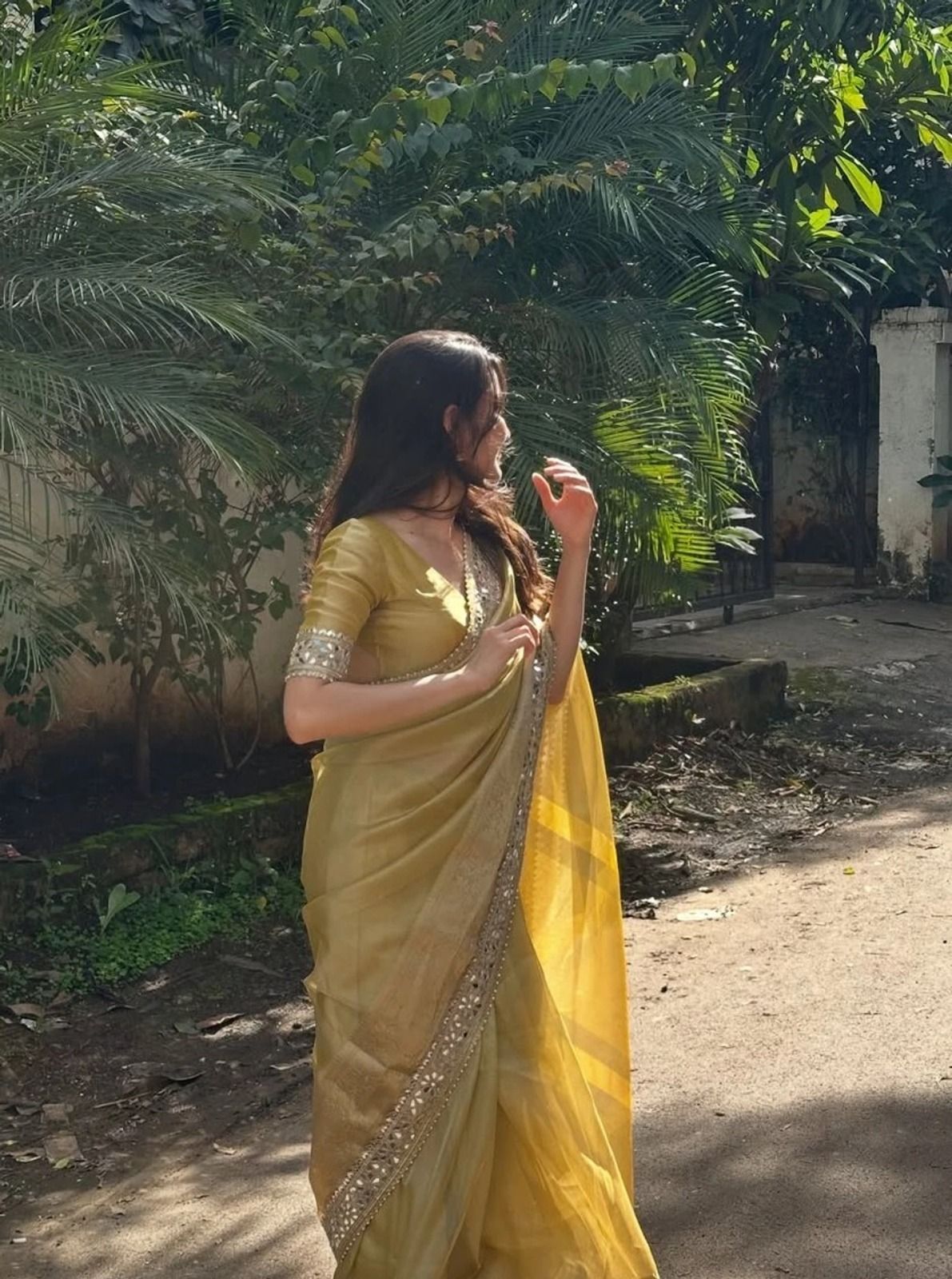 Golden Yellow Net Saree with Mirror and Zari Work, view 6